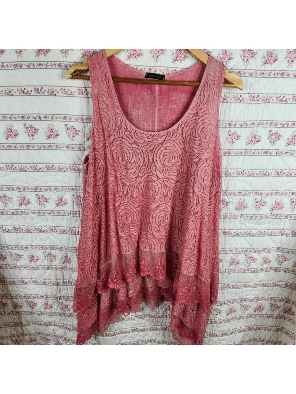Made In Italy Lace Tank Top Sleeveless Tiered Ruffle Hem Coral Pink